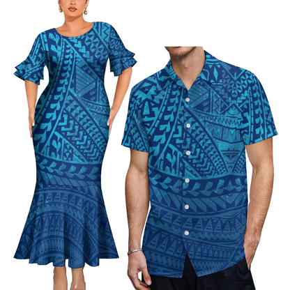 Polynesian Tribal Pattern Couple Clothing Tropical Fishtail Dress And Hawaiian Shirt Matching Outfit For Couple