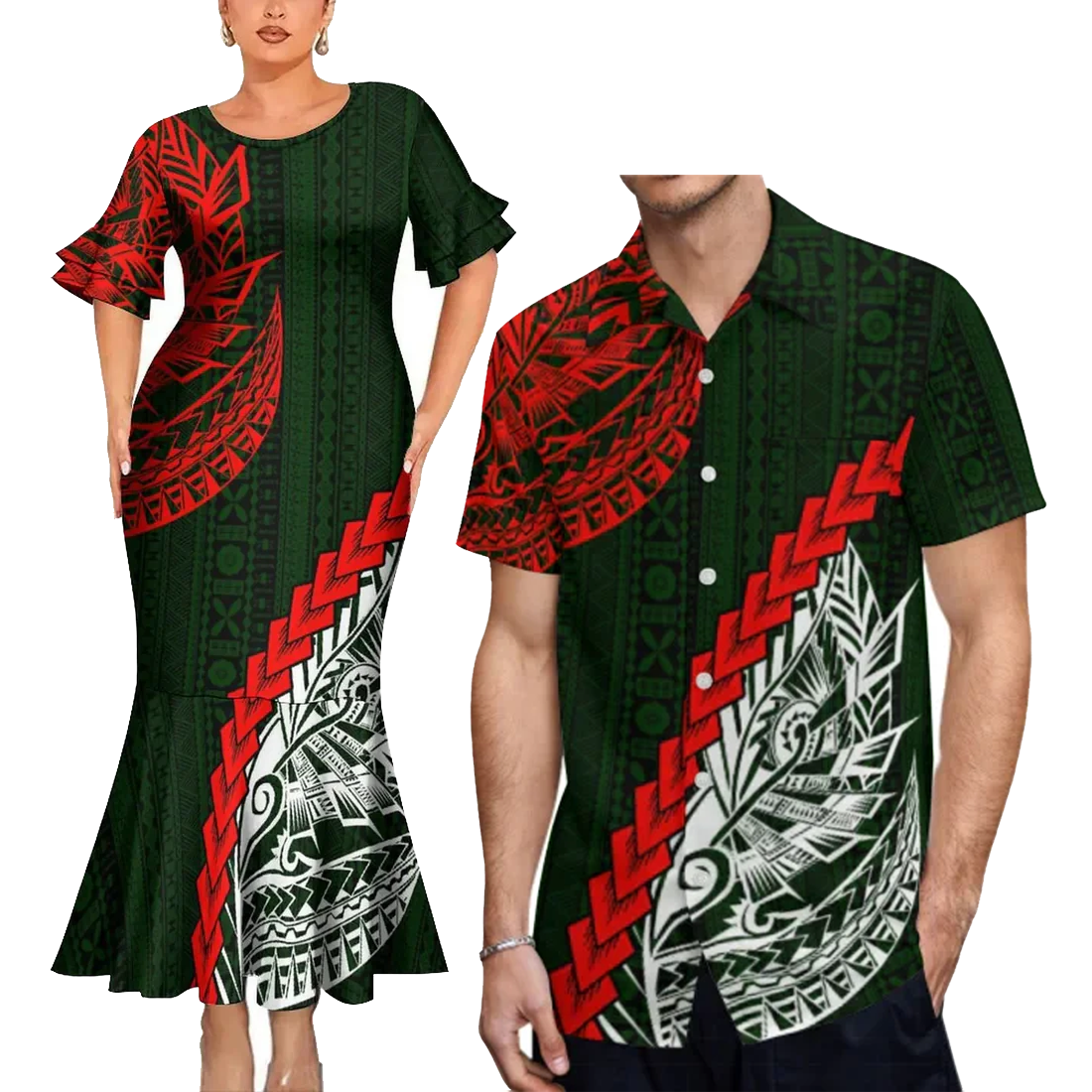 Polynesian Tribal Pattern Couple Clothing Tropical Fishtail Dress And Hawaiian Shirt Matching Outfit For Her Him