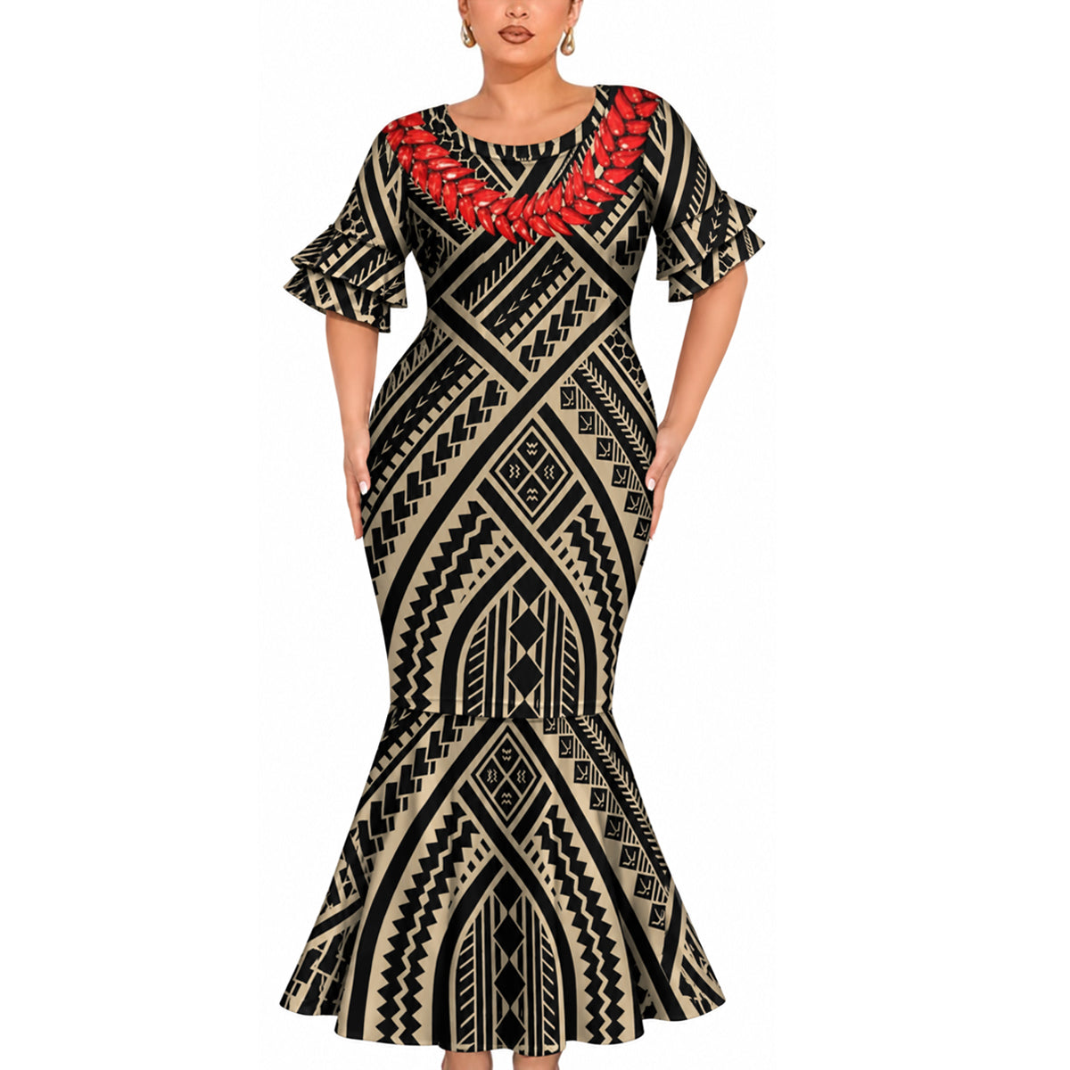 Polynesian Tribal Printed Couple Matching Outfit Island Short Sleeve Mermaid Long Dress And Shirt