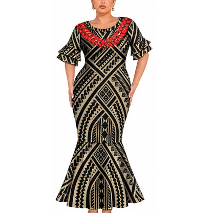 Polynesian Tribal Printed Couple Matching Outfit Island Short Sleeve Mermaid Long Dress And Shirt