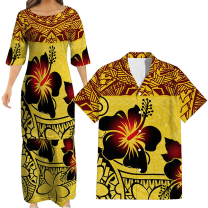 Polynesian Tribal Hibiscus Flowers Yellow Matching Outfit For Couple Island Puletasi Dress And Hawaiian Shirt For Her Him