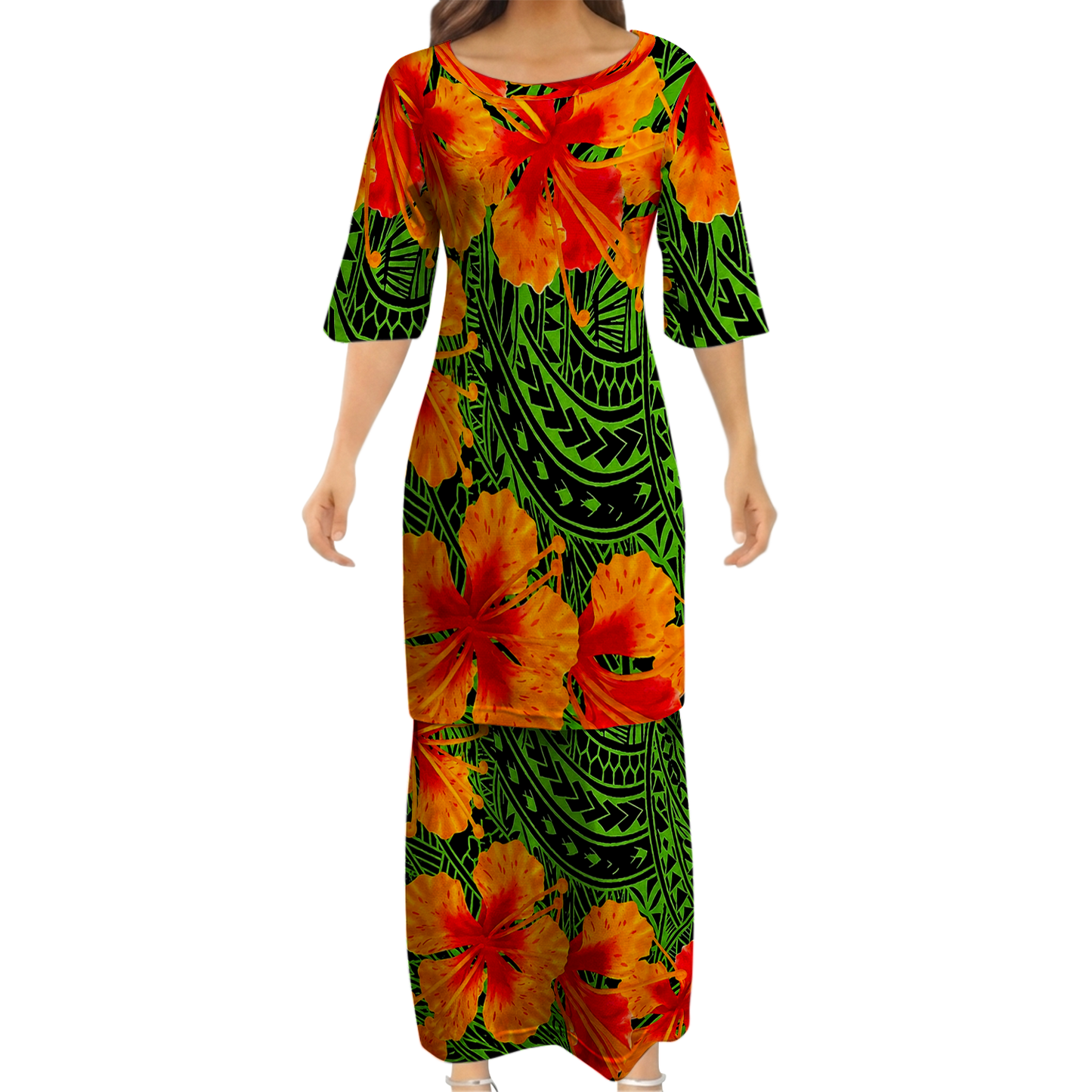 Polynesian Tribal Flowers Pattern Green Matching Outfit For Couple Island Puletasi Dress And Hawaiian Shirt