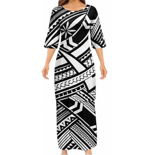 Hawaii Black And White Matching Outfit For Couple Island Women's Puletasi Dress Men's Long Sleeve Button Shirt