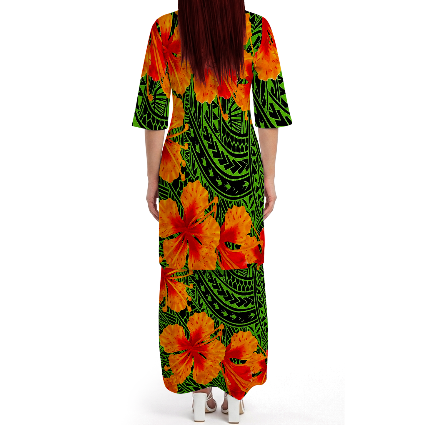 Polynesian Tribal Flowers Pattern Green Matching Outfit For Couple Island Puletasi Dress And Hawaiian Shirt