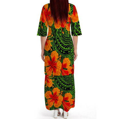 Polynesian Tribal Flowers Pattern Green Matching Outfit For Couple Island Puletasi Dress And Hawaiian Shirt