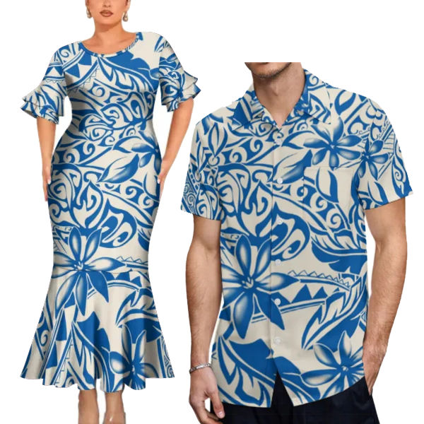 Blue Flowers Polynesian Tribal Pattern Couple Clothing Tropical Fishtail Dress And Hawaiian Shirt Matching Outfit For Her Him