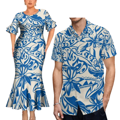 Blue Flowers Polynesian Tribal Pattern Couple Clothing Tropical Fishtail Dress And Hawaiian Shirt Matching Outfit For Her Him