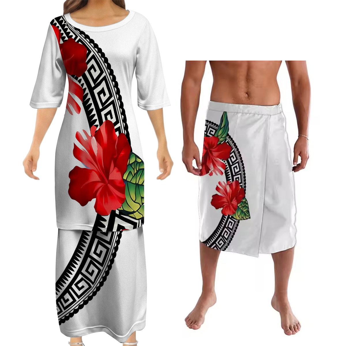 Polynesian Hibiscus Flowers Pattern Couple Outfit Matching Island Dress And Lavalava