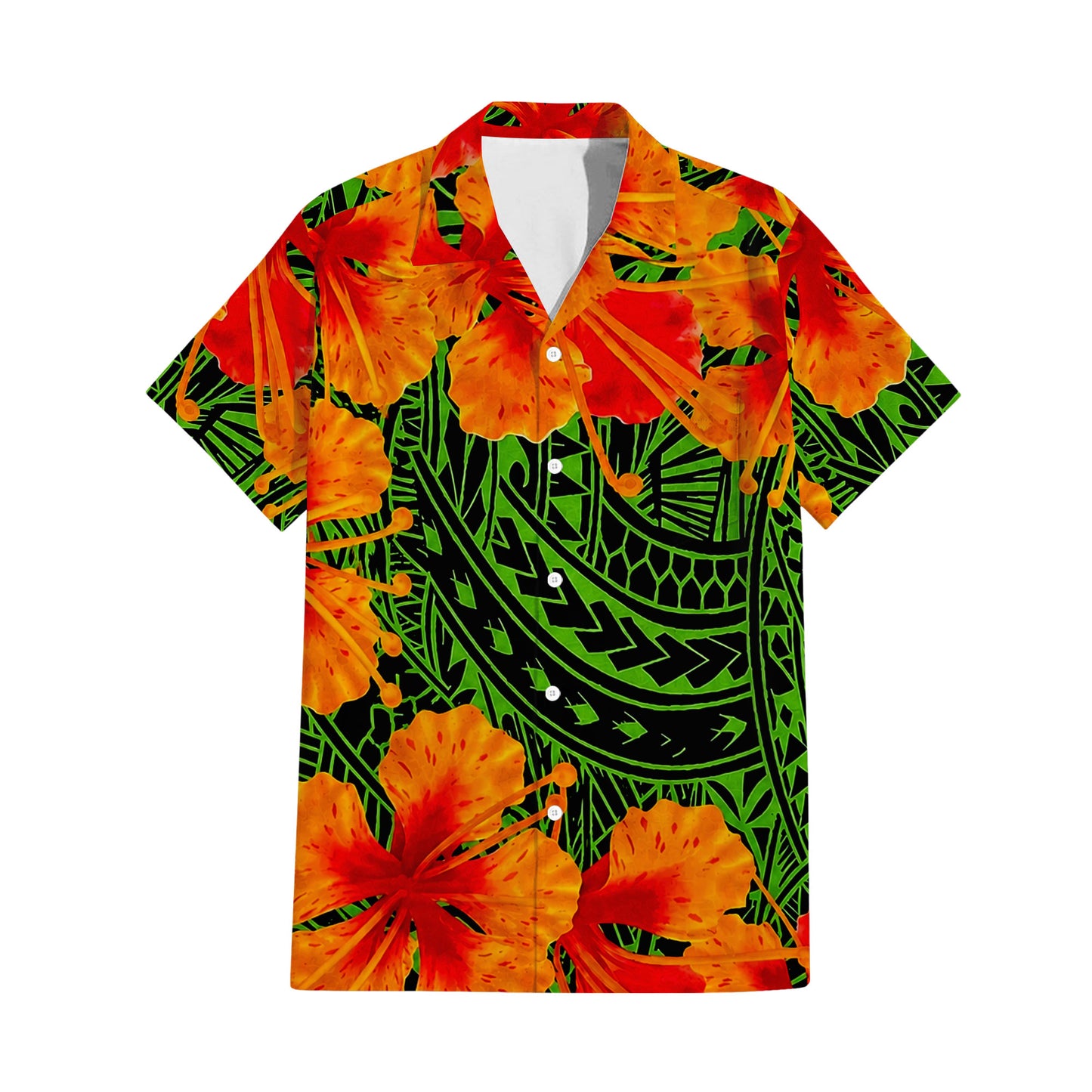 Polynesian Tribal Flowers Pattern Green Matching Outfit For Couple Island Puletasi Dress And Hawaiian Shirt