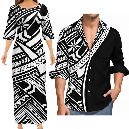 Hawaii Black And White Matching Outfit For Couple Island Women's Puletasi Dress Men's Long Sleeve Button Shirt