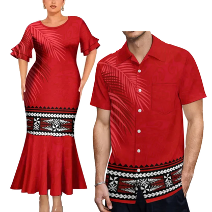 Polynesian Tribal Leaf Pattern Red Couple Clothing Tropical Fishtail Dress And Hawaiian Shirt Matching Outfit For Her Him