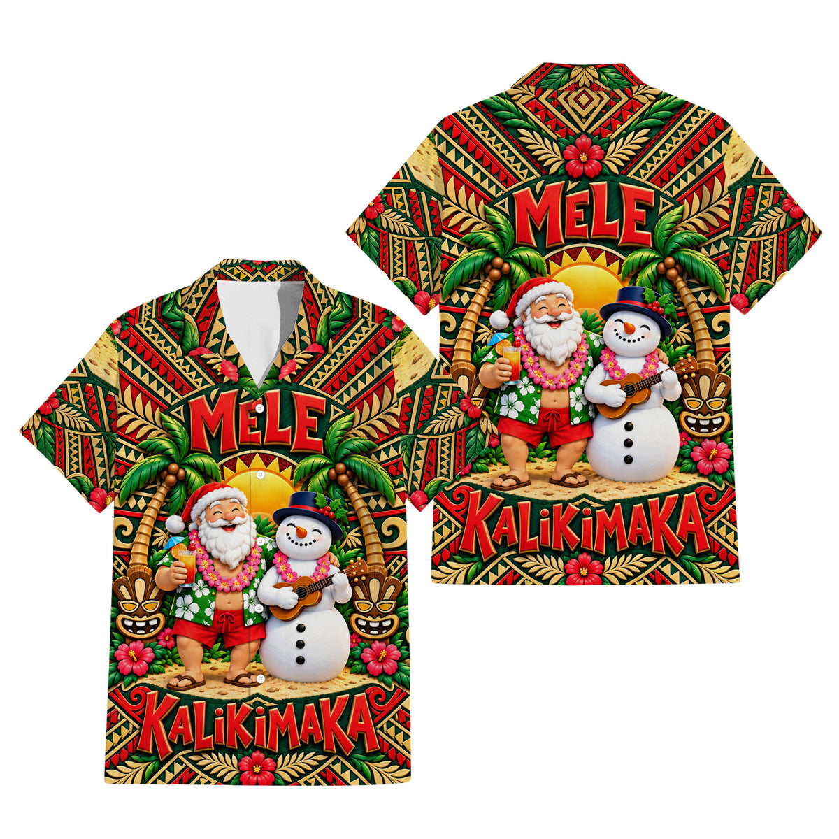 Mele Kalikimaka Funny Santa Couple Set Polynesian Christmas Matching Outfit Short Sleeve Mermaid Long Dress And Shirt