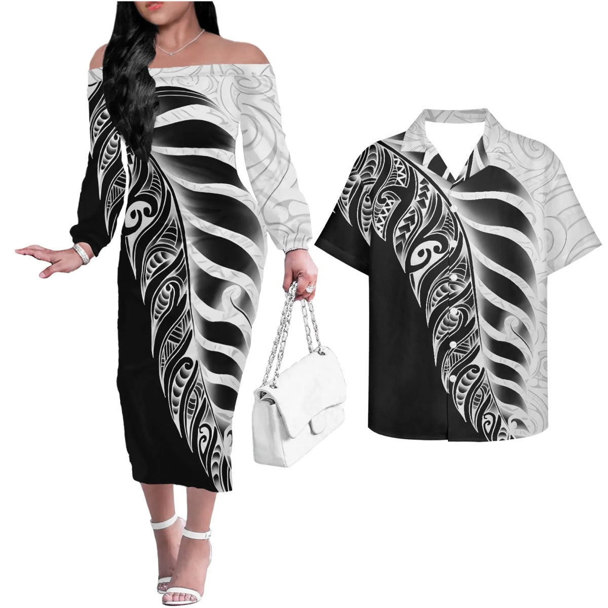 Polynesian Tribal Tattoo Pattern Matching Outfit For Couple Printed Polynesian Off Shoulder Long Sleeved Dress And Hawaiian Shirt