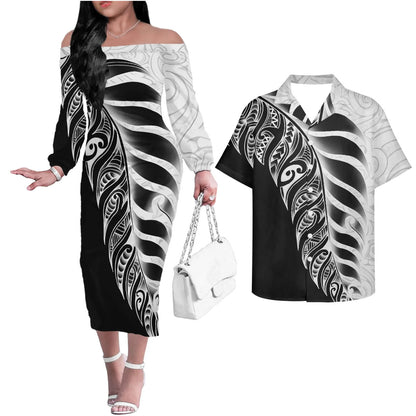 Polynesian Tribal Tattoo Pattern Matching Outfit For Couple Printed Polynesian Off Shoulder Long Sleeved Dress And Hawaiian Shirt