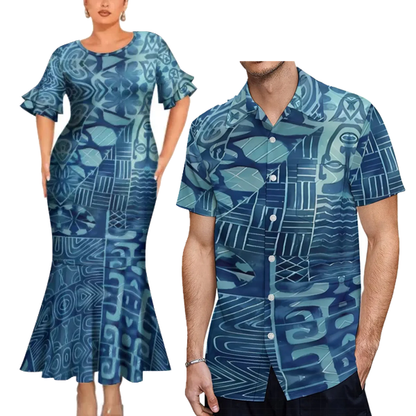 Polynesian Tribal Pattern Couple Clothing Tropical Fishtail Dress And Hawaiian Shirt Matching Outfit For Couple
