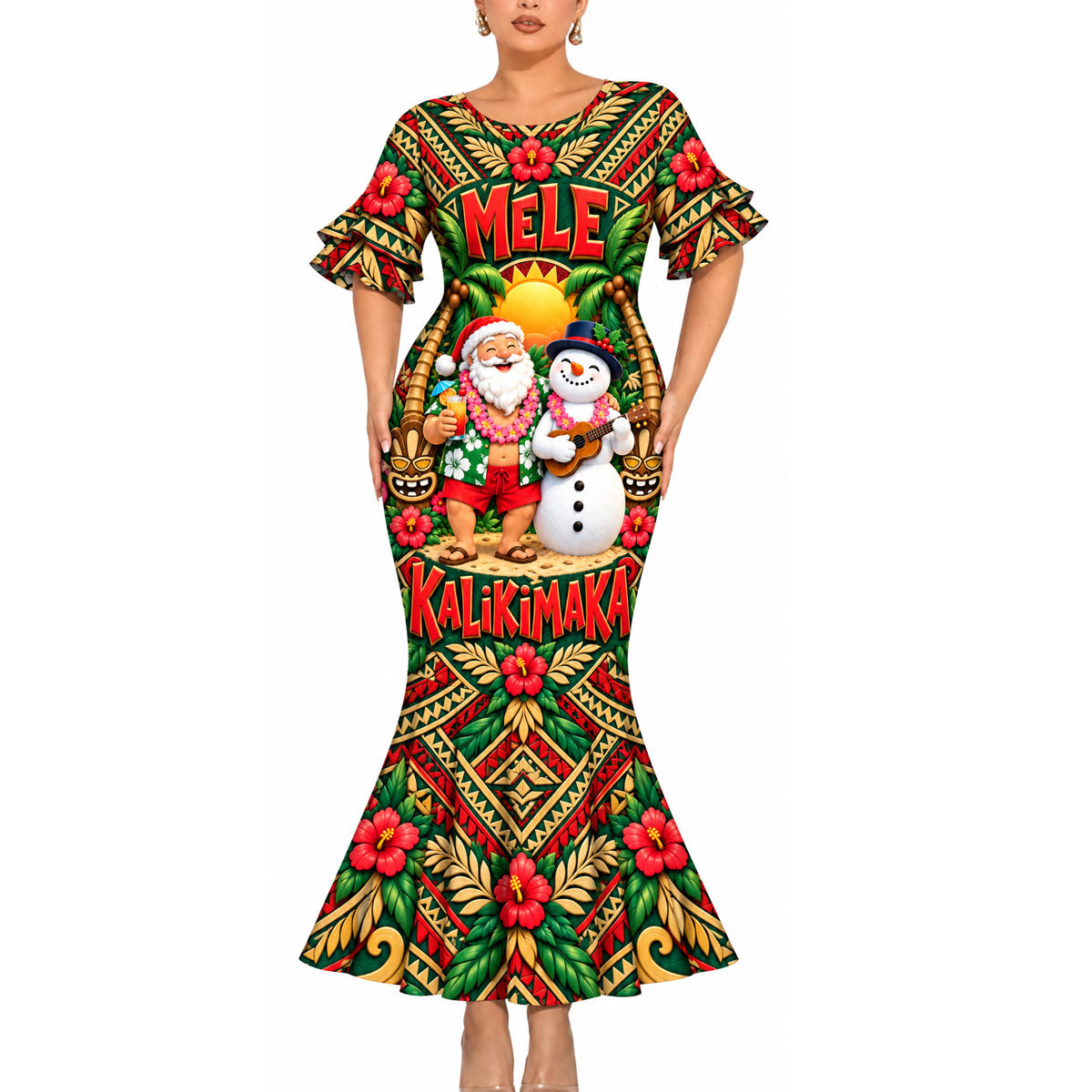 Mele Kalikimaka Funny Santa Couple Set Polynesian Christmas Matching Outfit Short Sleeve Mermaid Long Dress And Shirt