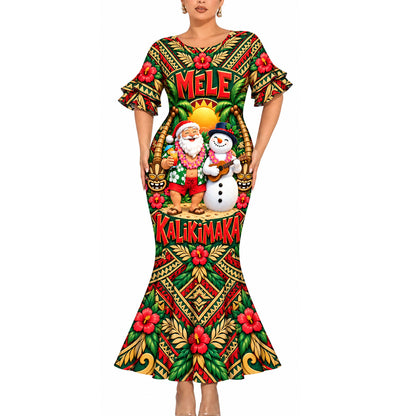 Mele Kalikimaka Funny Santa Couple Set Polynesian Christmas Matching Outfit Short Sleeve Mermaid Long Dress And Shirt
