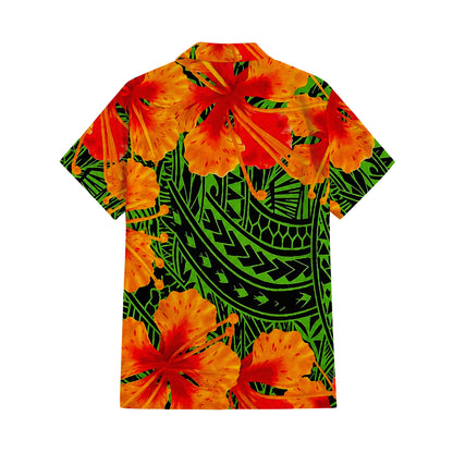Polynesian Tribal Flowers Pattern Green Matching Outfit For Couple Island Puletasi Dress And Hawaiian Shirt