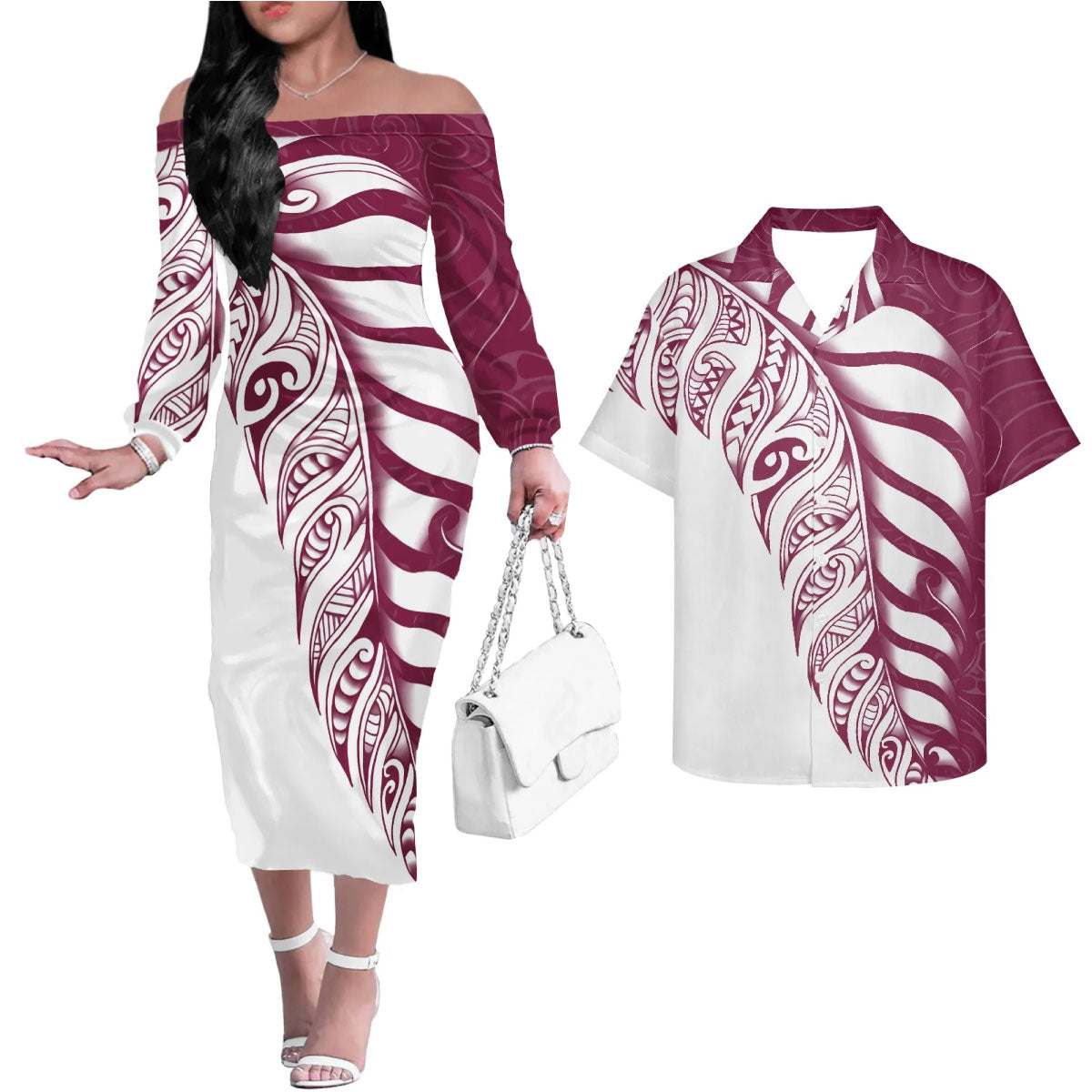 Polynesian Tribal Tattoo Pattern Matching Outfit For Couple Printed Polynesian Off Shoulder Long Sleeved Dress And Hawaiian Shirt