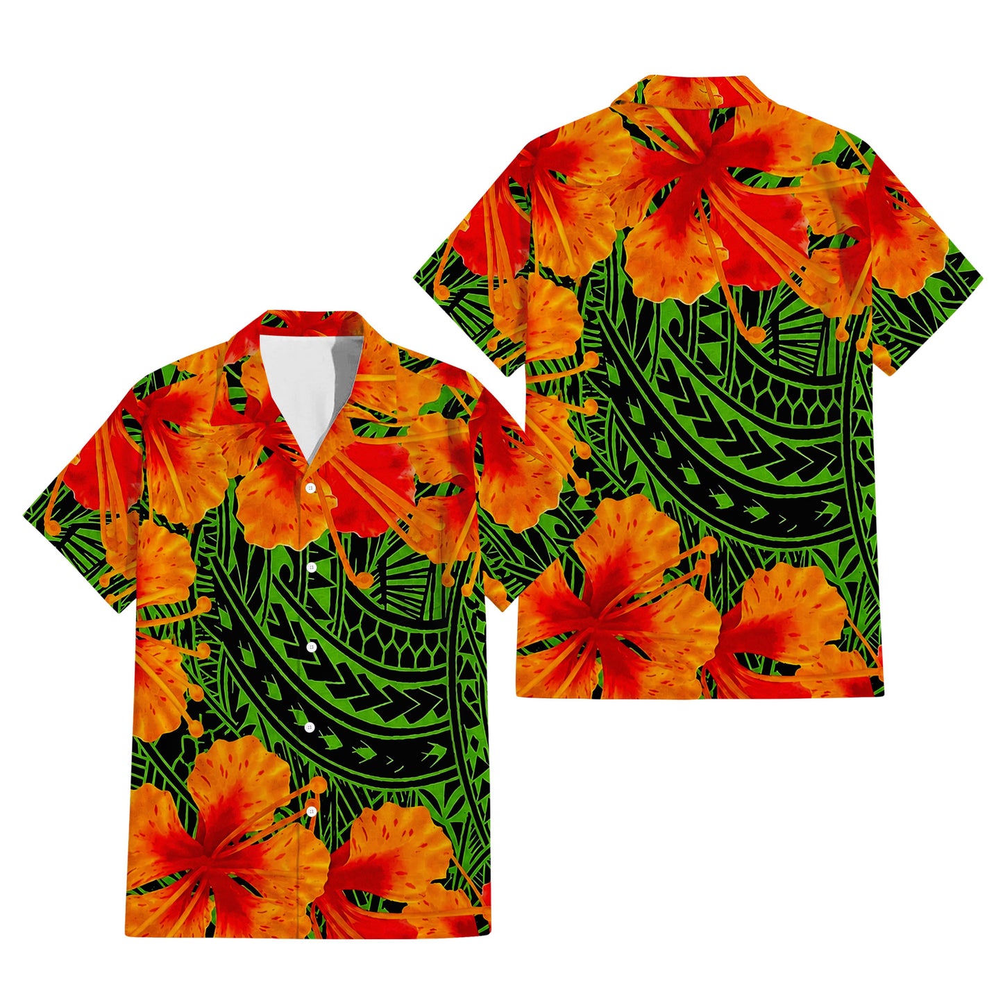 Polynesian Tribal Flowers Pattern Green Matching Outfit For Couple Island Puletasi Dress And Hawaiian Shirt