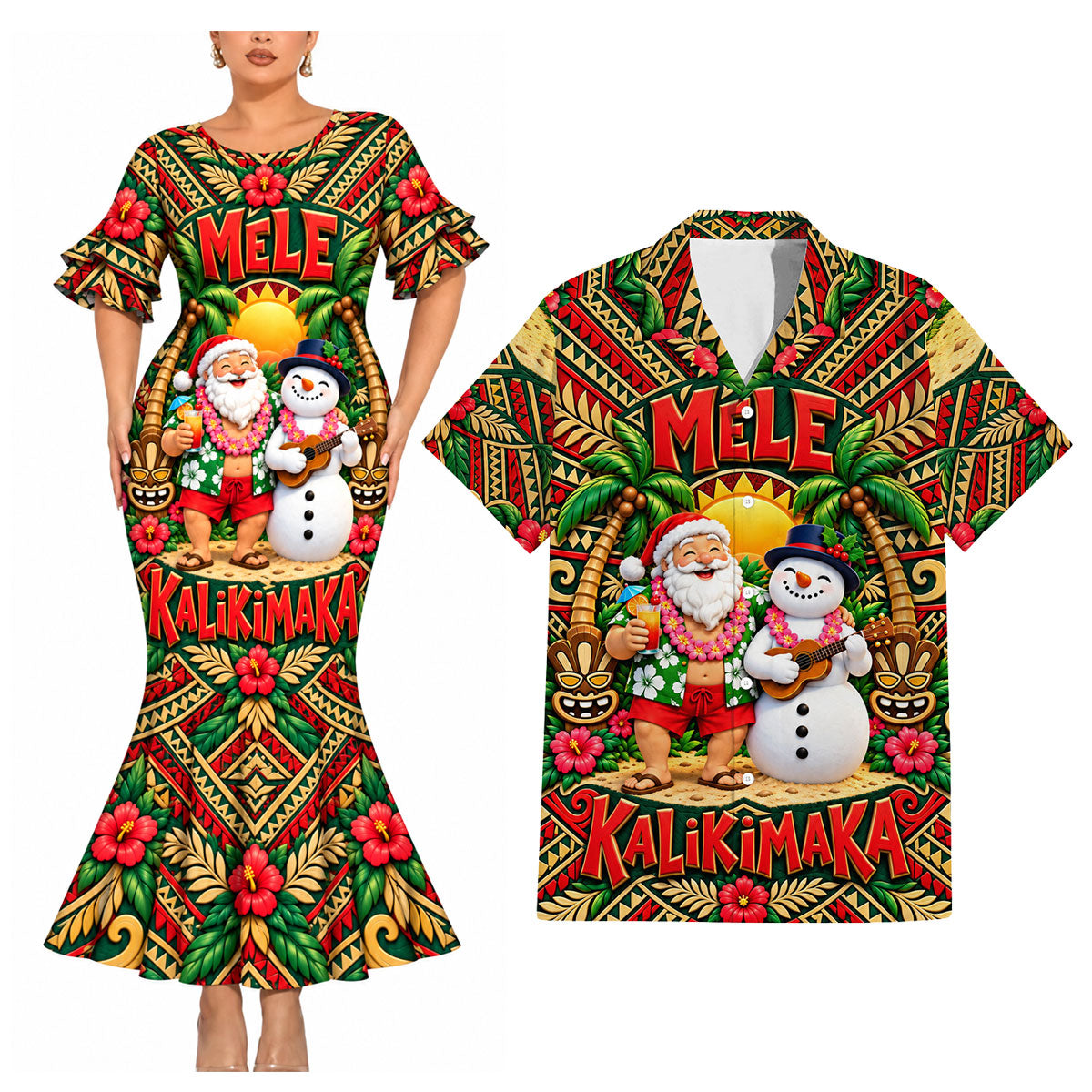 Mele Kalikimaka Funny Santa Couple Set Polynesian Christmas Matching Outfit Short Sleeve Mermaid Long Dress And Shirt