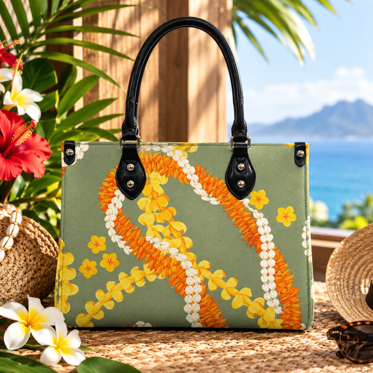 Floral Puakenikeni Hawaiian Flower Lei Leather Handbag
