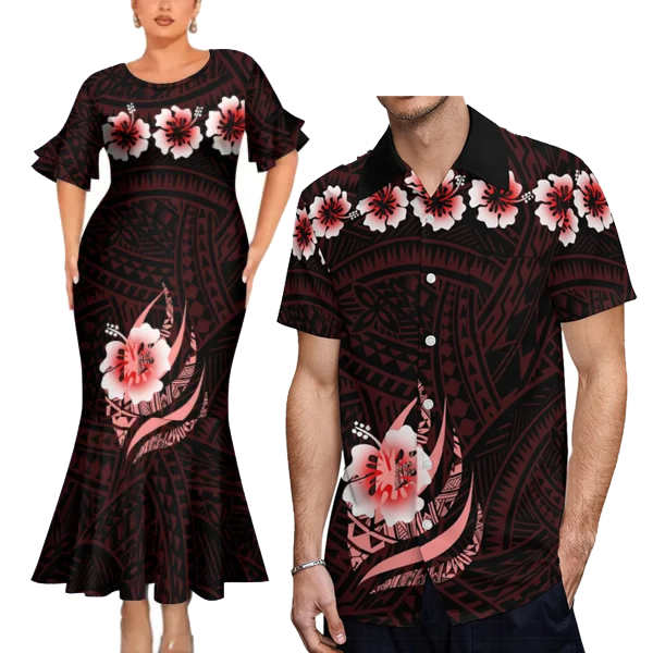 Polynesian Tribal Pattern Couple Clothing Black Tropical Fishtail Dress And Hawaiian Shirt Matching Outfit For Couple