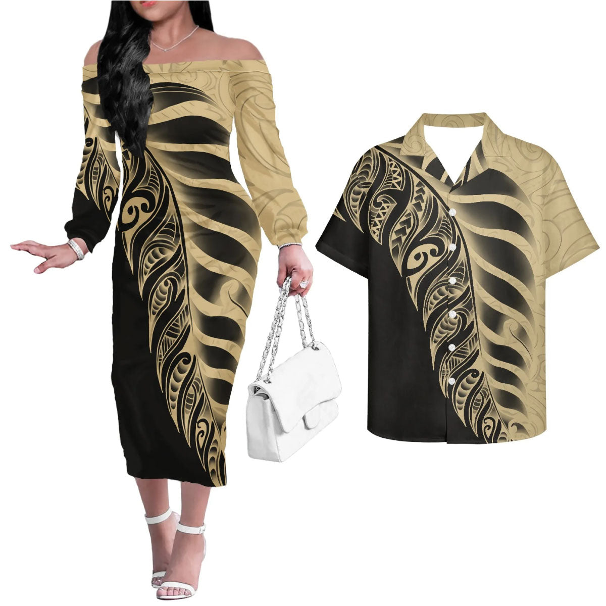 Polynesian Tribal Tattoo Pattern Matching Outfit For Couple Printed Polynesian Off Shoulder Long Sleeved Dress And Hawaiian Shirt