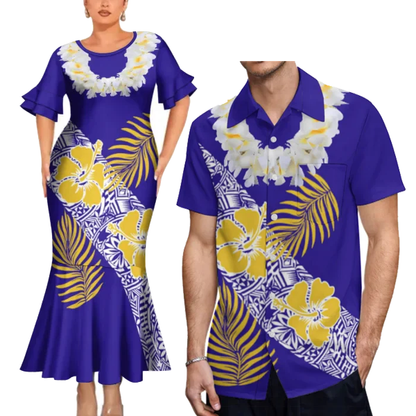 Polynesian Tribal Hibiscus Flowers Necklace Pattern Couple Clothing Tropical Fishtail Dress And Hawaiian Shirt Matching Outfit For Couple