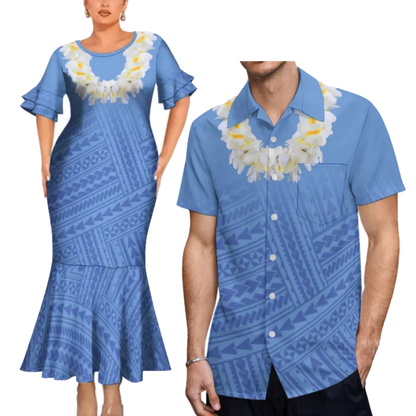Polynesian Tribal Flowers Necklace Pattern Couple Clothing Tropical Fishtail Dress And Hawaiian Shirt Matching Outfit For Couple