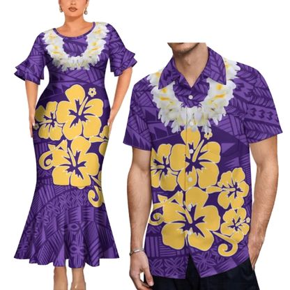 Polynesian Tribal Hibiscus Flowers Necklace Pattern Couple Clothing Purple Tropical Fishtail Dress And Hawaiian Shirt Matching Outfit For Couple