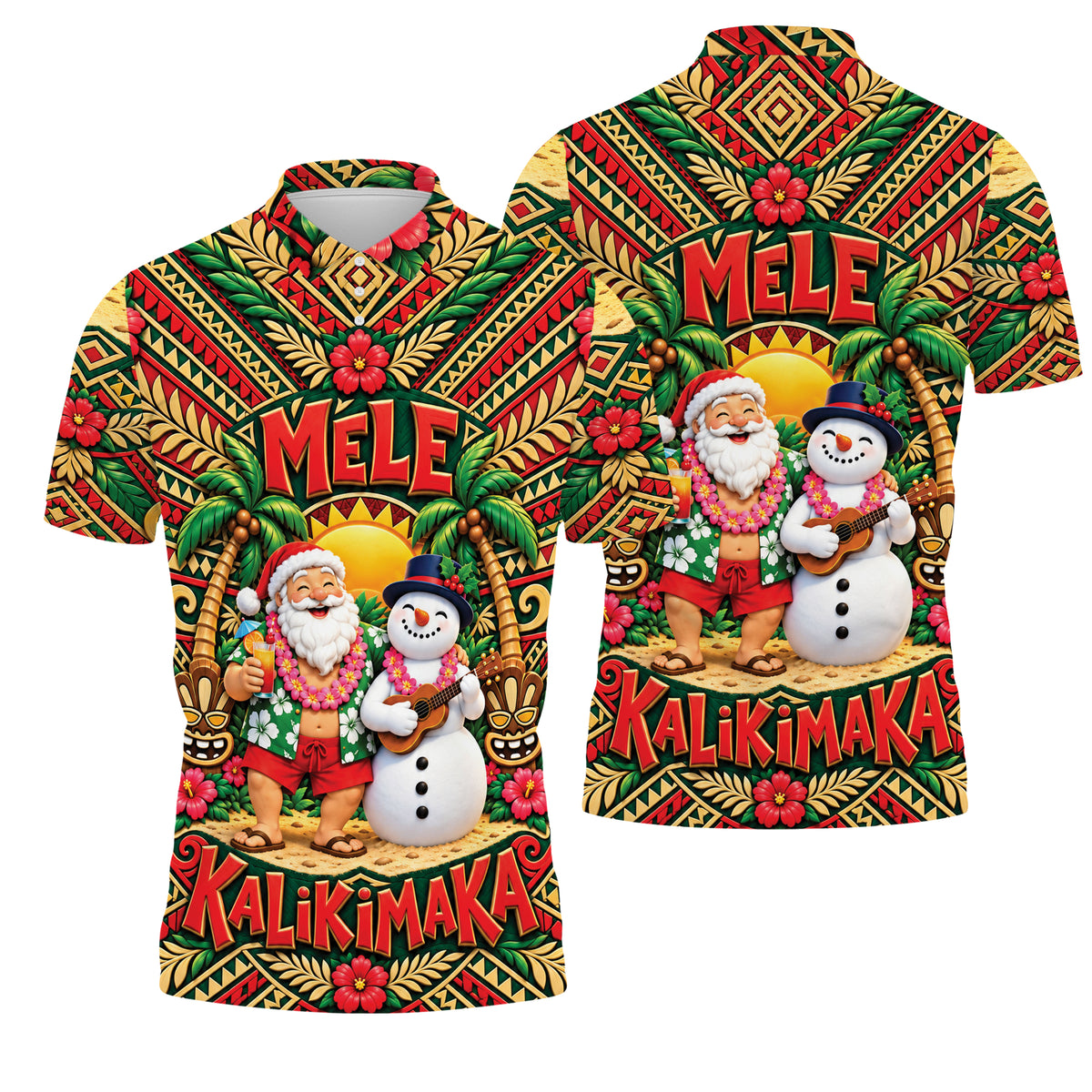 Hawaii Mele Kalikimaka Funny Santa Shirt Polynesian Tribal Christmas Polo Shirt