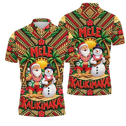 Hawaii Mele Kalikimaka Funny Santa Shirt Polynesian Tribal Christmas Polo Shirt