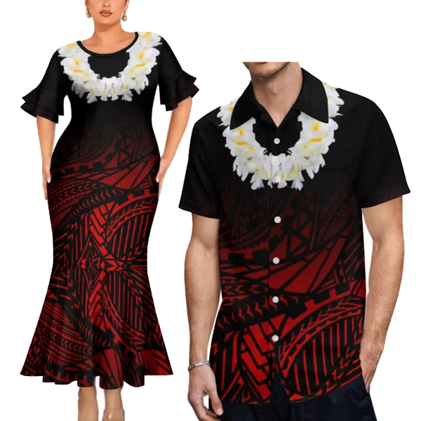 Polynesian Islander Couple Clothing Island Fishtail Dress And Hawaiian Shirt Matching Outfit For Couple
