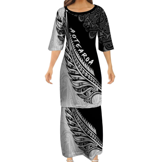 New Zealand Matching Outfit For Couple Silver Fern Aotearoa Puletasi Dress And Hawaiian Shirt For Her Him