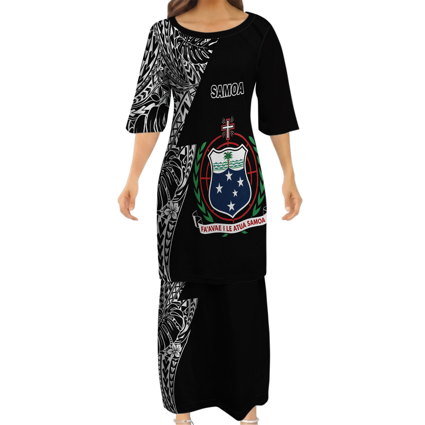 Samoa Coat Of Arms Couple Outfit Matching Polynesian Tribal Leaf Pattern Black Dress And Hawaiian Shirt