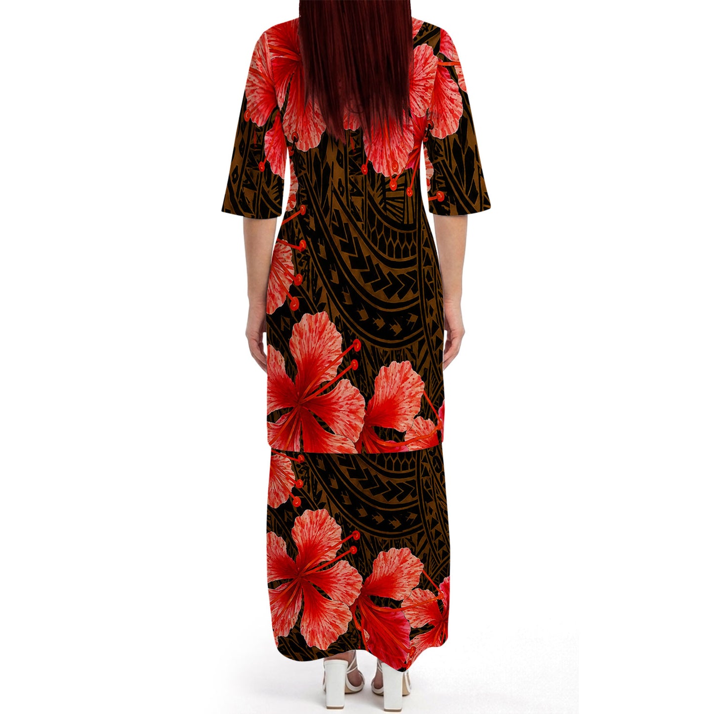 Polynesian Tribal Flowers Pattern Brown Matching Outfit For Couple Island Puletasi Dress And Hawaiian Shirt