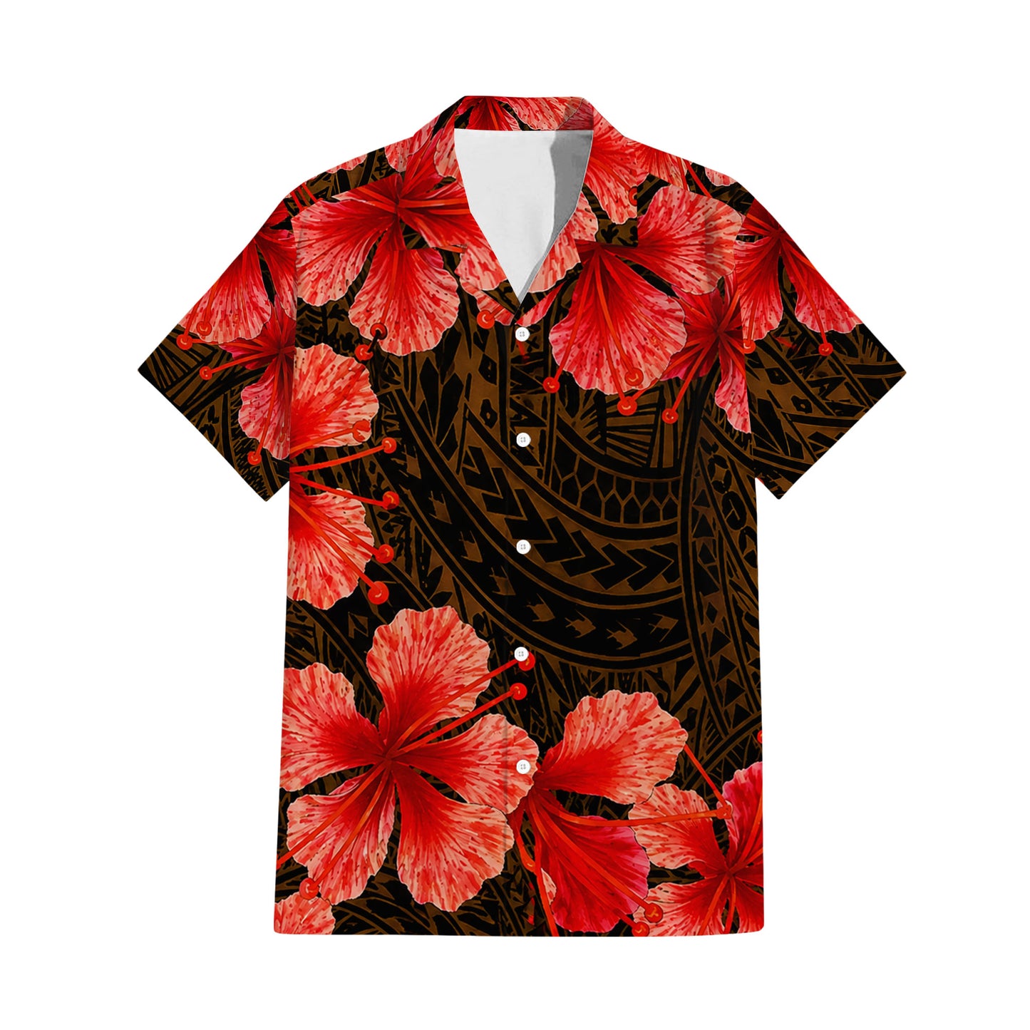 Polynesian Tribal Flowers Pattern Brown Matching Outfit For Couple Island Puletasi Dress And Hawaiian Shirt