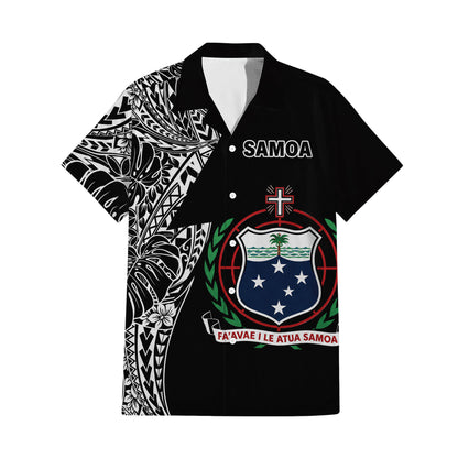 Samoa Coat Of Arms Couple Outfit Matching Polynesian Tribal Leaf Pattern Black Dress And Hawaiian Shirt