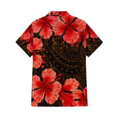 Polynesian Tribal Flowers Pattern Brown Matching Outfit For Couple Island Puletasi Dress And Hawaiian Shirt