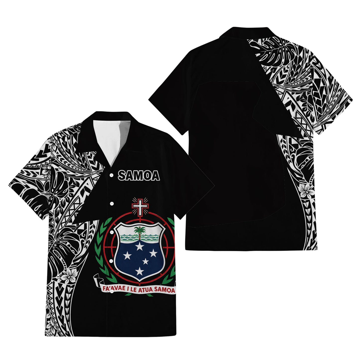 Samoa Coat Of Arms Couple Outfit Matching Polynesian Tribal Leaf Pattern Black Dress And Hawaiian Shirt