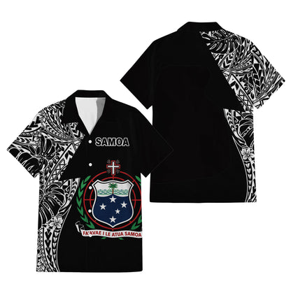 Samoa Coat Of Arms Couple Outfit Matching Polynesian Tribal Leaf Pattern Black Dress And Hawaiian Shirt