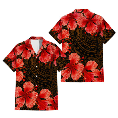 Polynesian Tribal Flowers Pattern Brown Matching Outfit For Couple Island Puletasi Dress And Hawaiian Shirt