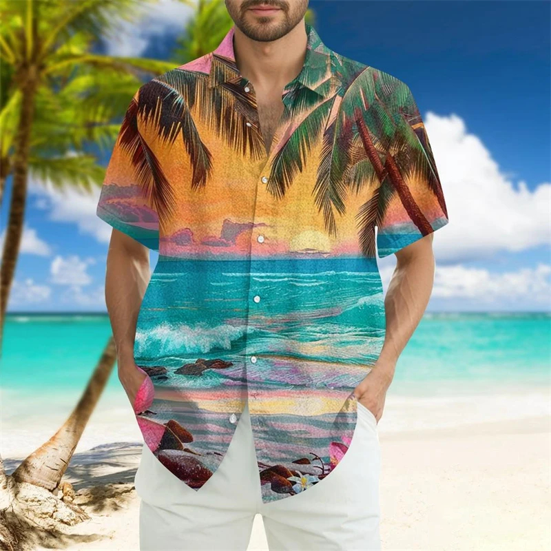 Vintage Beach Plant Men's Hawaiian Shirt Tropical Island Summer Short Sleeve Shirt