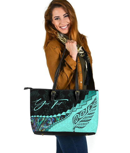 (Signature Custom) Paua Shell, Maori Silver Fern Leather Tote Bag, Turquoise