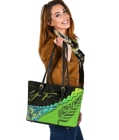 (Signature Custom) Paua Shell, Maori Silver Fern Leather Tote Bag, Green