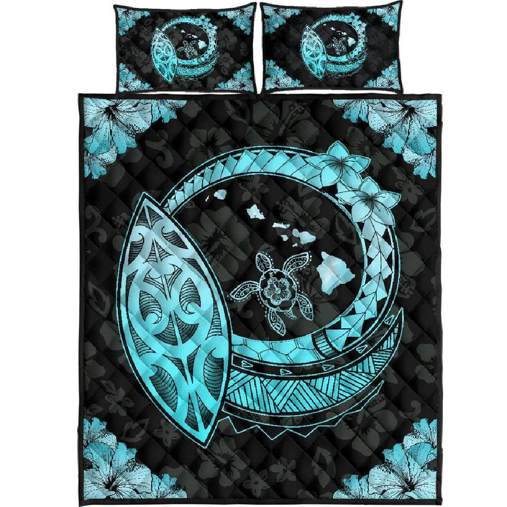 Hawaiian Map Hibiscus Plumeria Polynesian Quilt Bedding Set Celadon