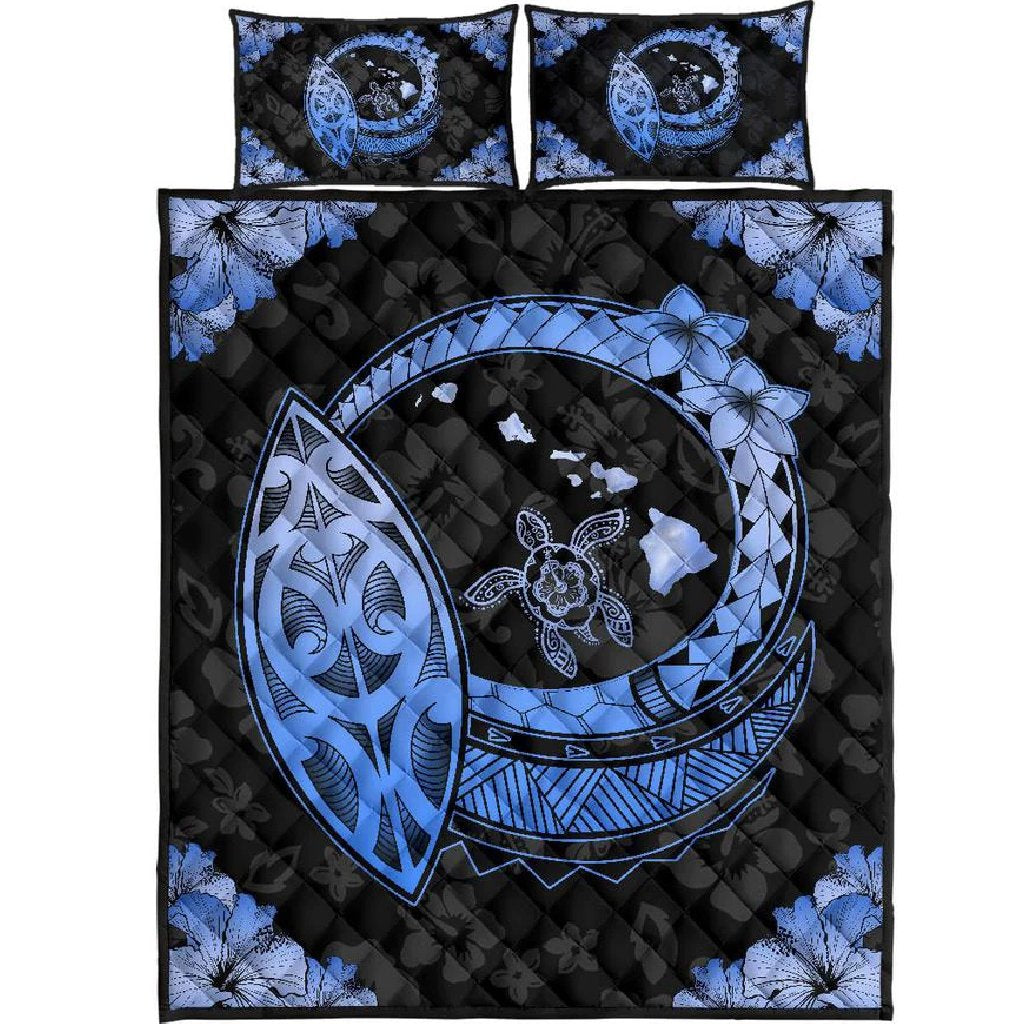 Hawaii Quilt Bed Set Hawaii Hibiscus Map Polynesian Quilt Bed Set Blue