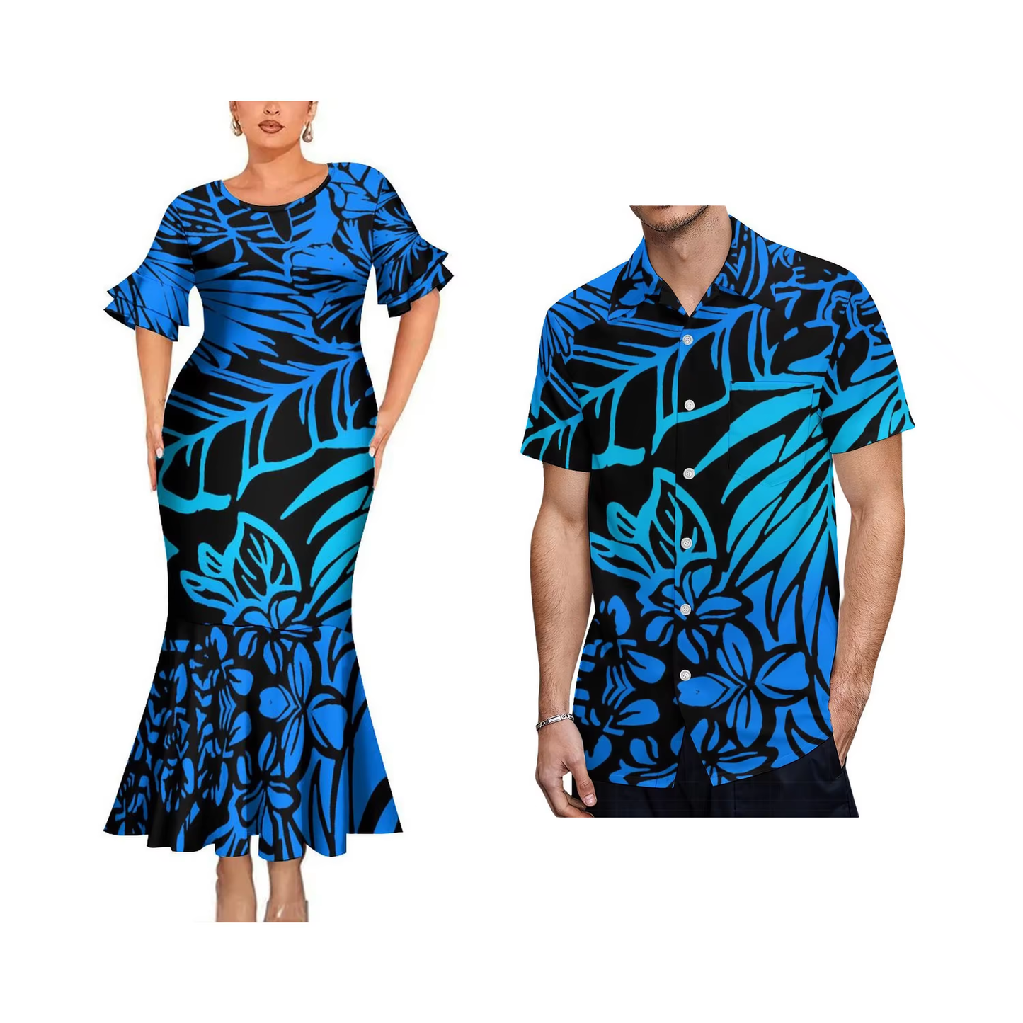 Polynesian Tribal Floral Matching Outfit For Couple Bodycon Mermaid Dress and Shirt