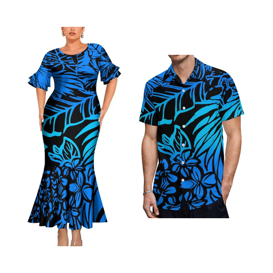 Polynesian Tribal Floral Matching Outfit For Couple Bodycon Mermaid Dress and Shirt